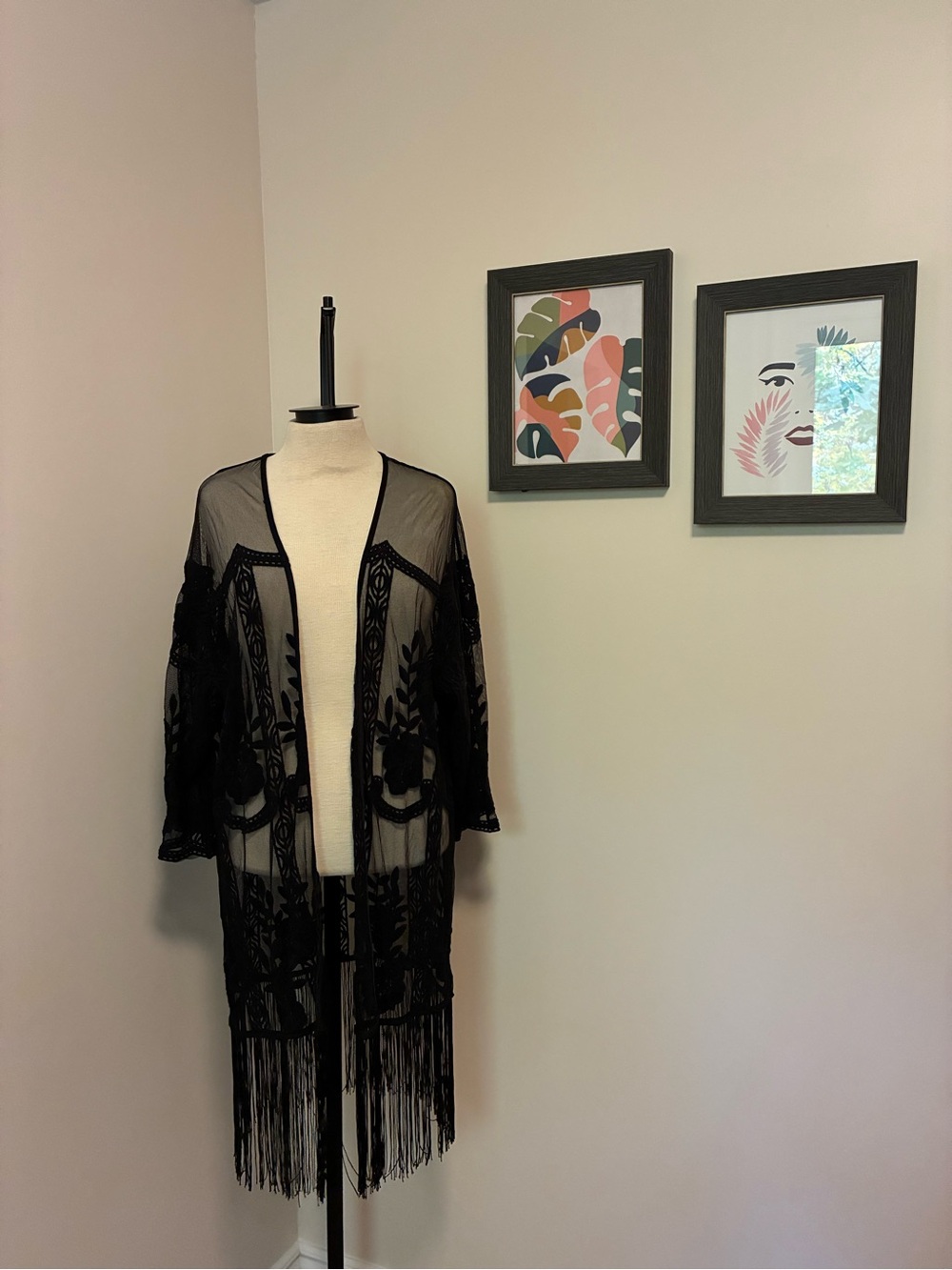 Forever 21 Black Sheer Embroidered Fringe Kimono